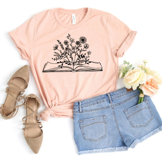 Floral Book Graphic Tee in Heather Peach