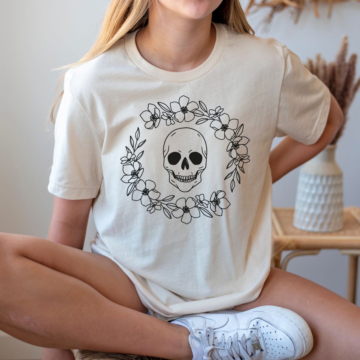 Blossom Skull Wreath Graphic Tee in Natural