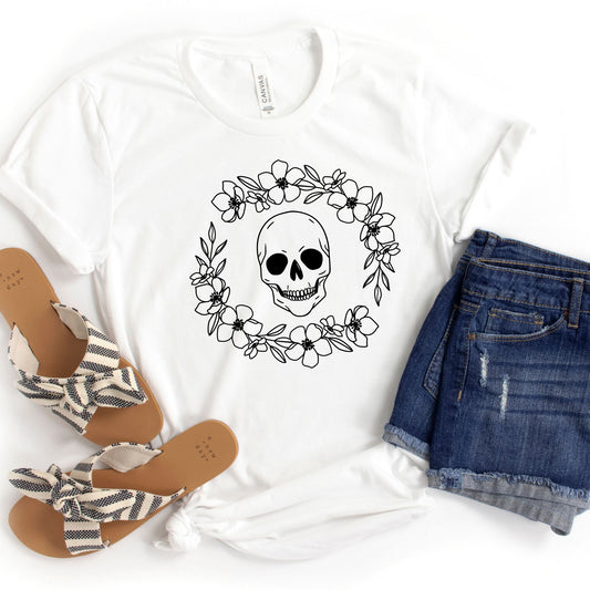 Blossom Skull Wreath Graphic Tee in White
