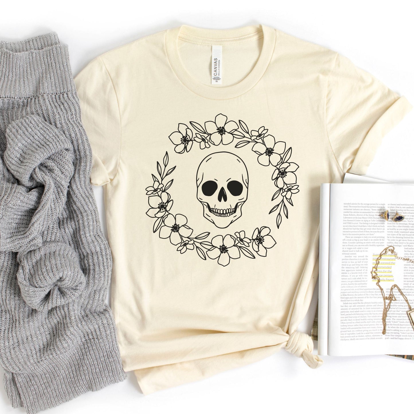 Blossom Skull Wreath Graphic Tee in Natural