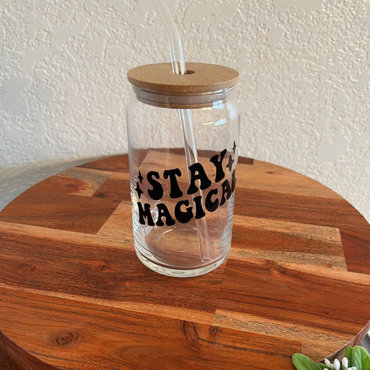 Stay Magical Glass Can 16oz with Bamboo Lid and Glass Straw